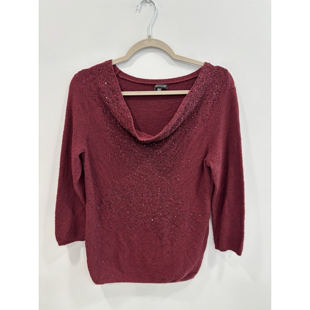 Eileen Fisher Women S 100% Merino Wool Beaded Sweater Red 3/4 Sleeve Burgundy